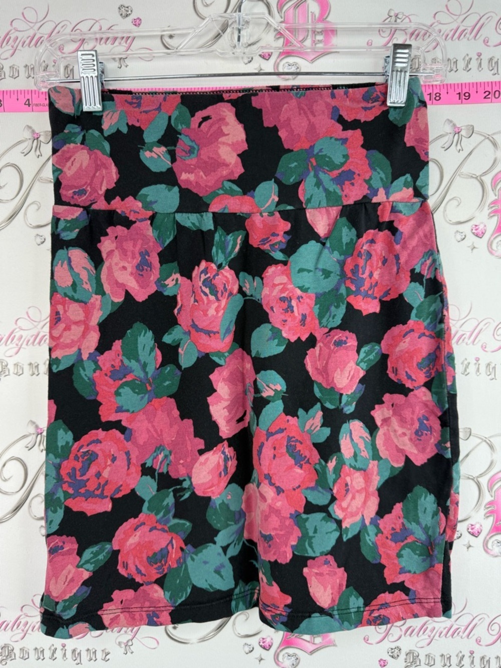 Talula Midi Skirt with Pink Rose Floral Print + Black background casual, formal